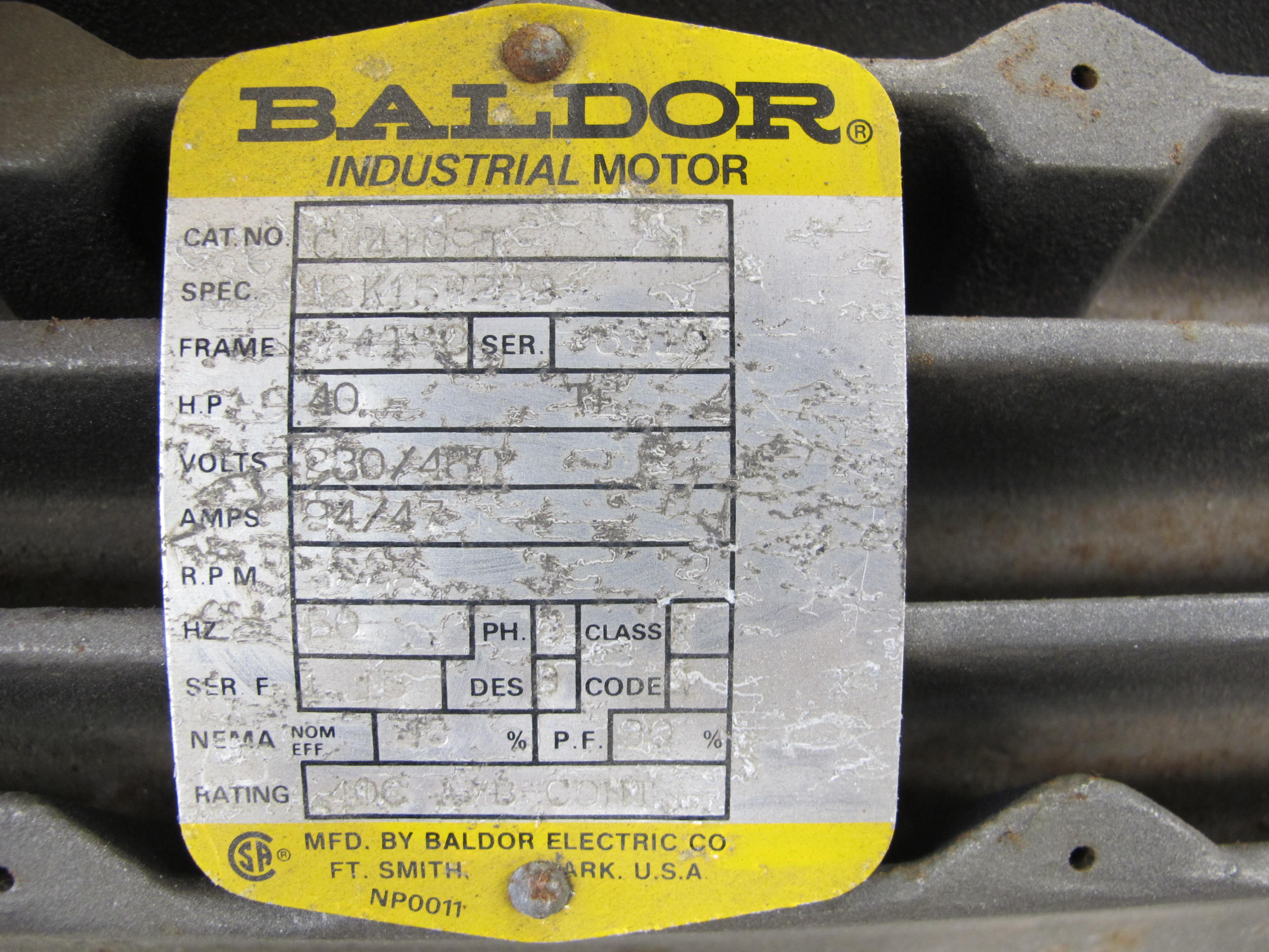 MOTOR, ELECTRIC TYPE, 40 HORSEPOWER, 230/460VAC ELEC RATING, 3525 RPM, 324TSC FRAME, 94/47A AMPS, TEFC ENCLOSURE. PART # CM4109T (W-44) LOADING & HANDLING FEE $15-